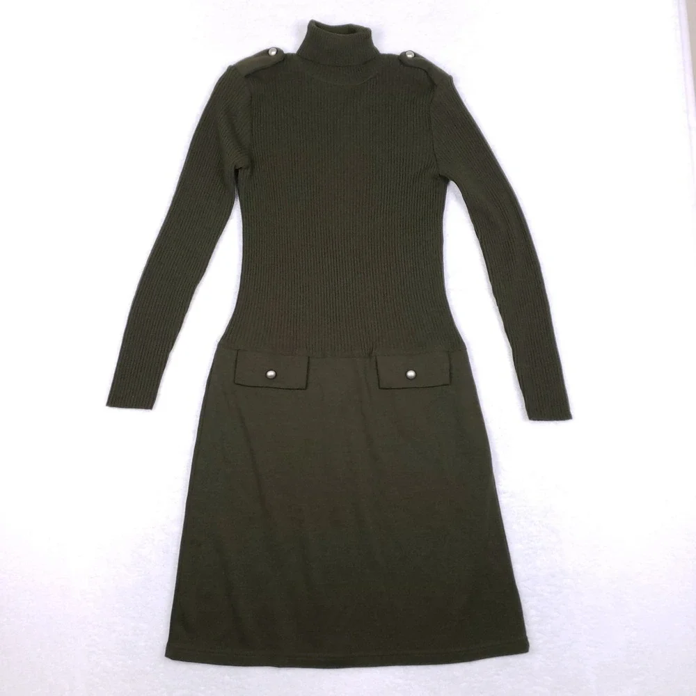 Amanda Charles Sweater Dress Small Olive Green Turtleneck Knit Military Chic - Picture 1 of 8